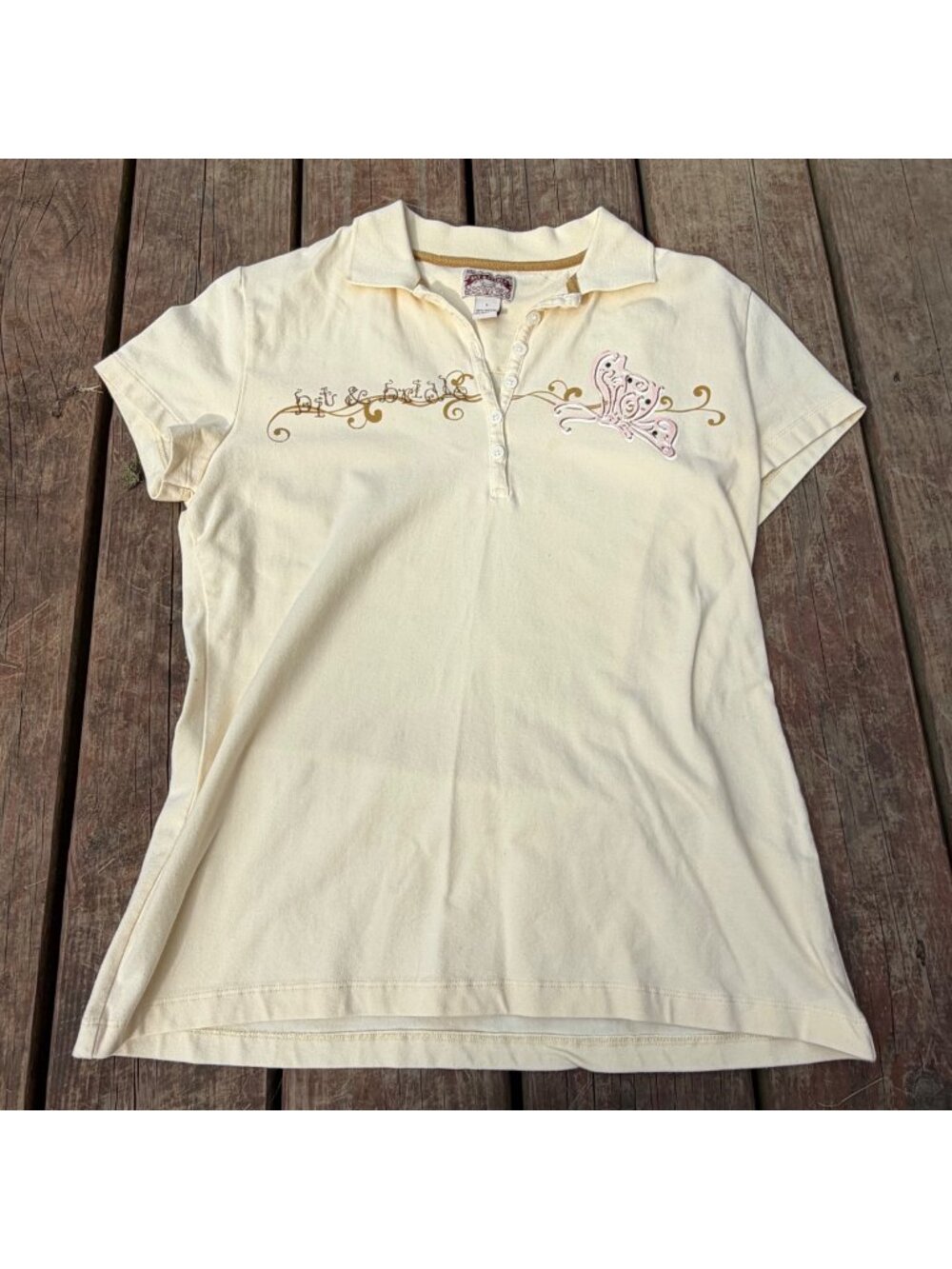 Y2k Bit & Bridle Womens Cream Polo Shirt W/ Butterfly & Gold Swirl Design Size L